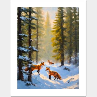 Foxes in the Snow - Oil Painting Winter Scene Posters and Art